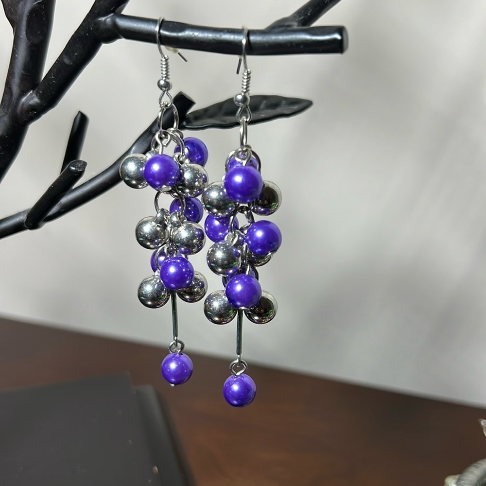 Faux Purple & Silver Bead Earrings.  3” Drop